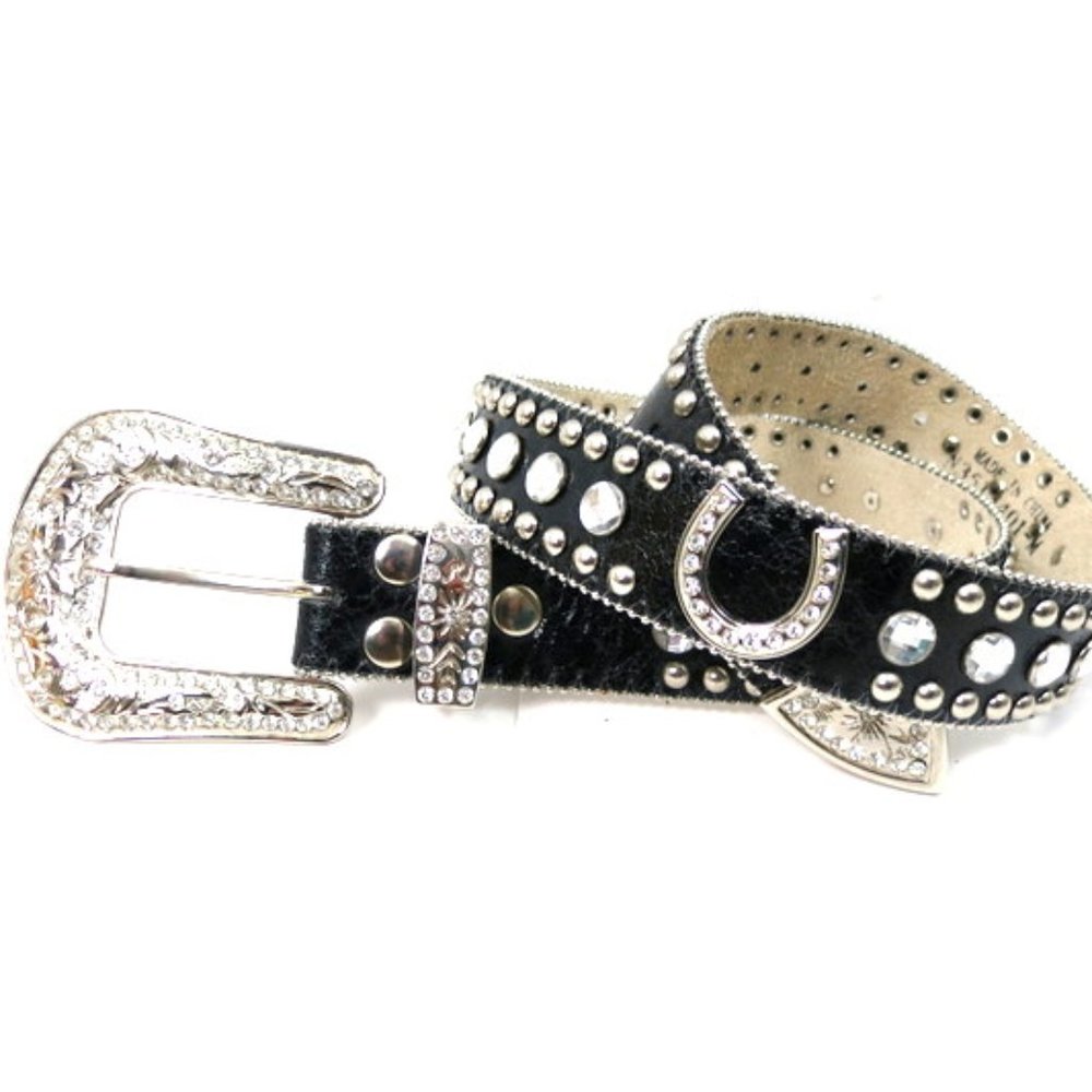 Black Leather Cowgirl Belt Horseshoe Sparkle Bling